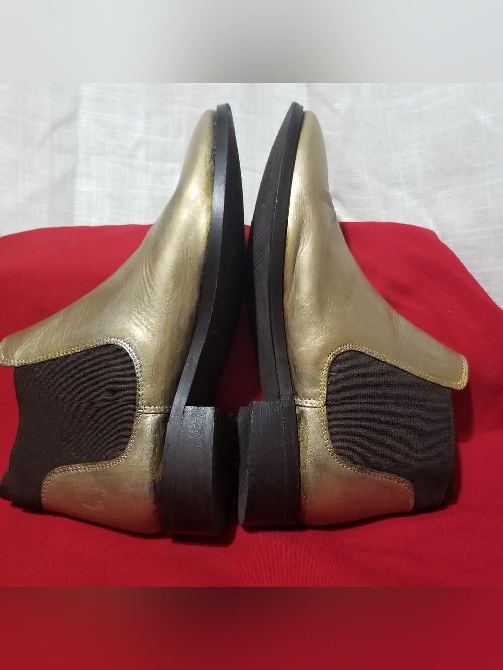 Topshop 7.5 Metallic Gold Leather Chelsea Ankle Boots with Black Elastic Panels